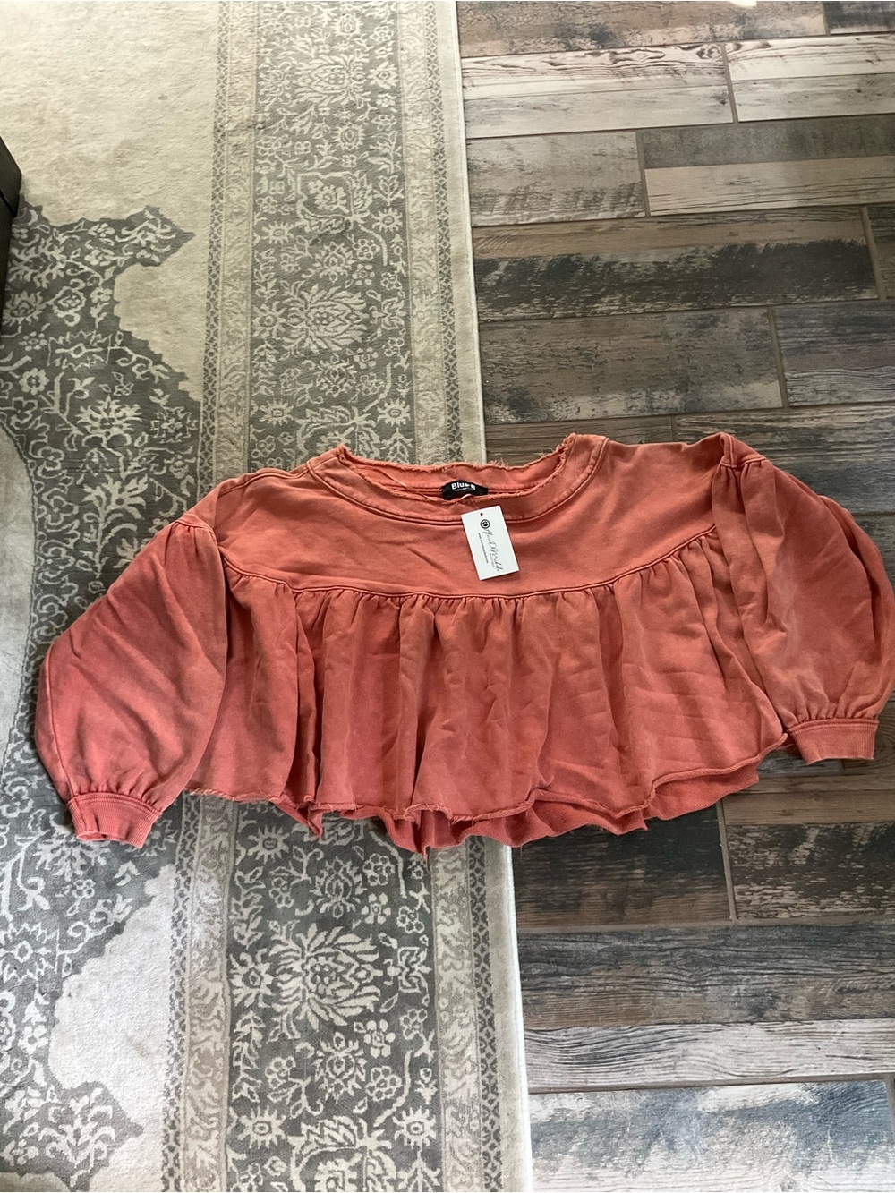 Blue B Cropped Peplum Top in Rust with Balloon Sleeves Small